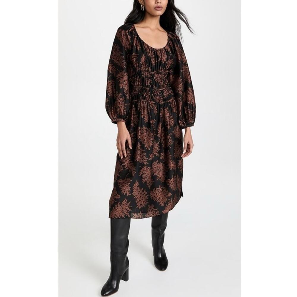 Rebecca Taylor Arden Fern Print Black Brown 100% Silk Midi Dress S